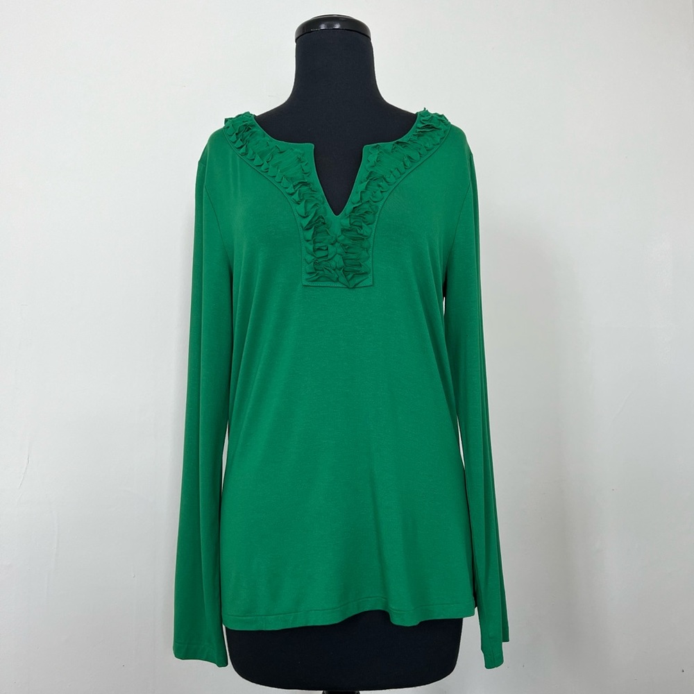 Boden Ruffled V-Neck Long Sleeve Top, Kelly Green, 10